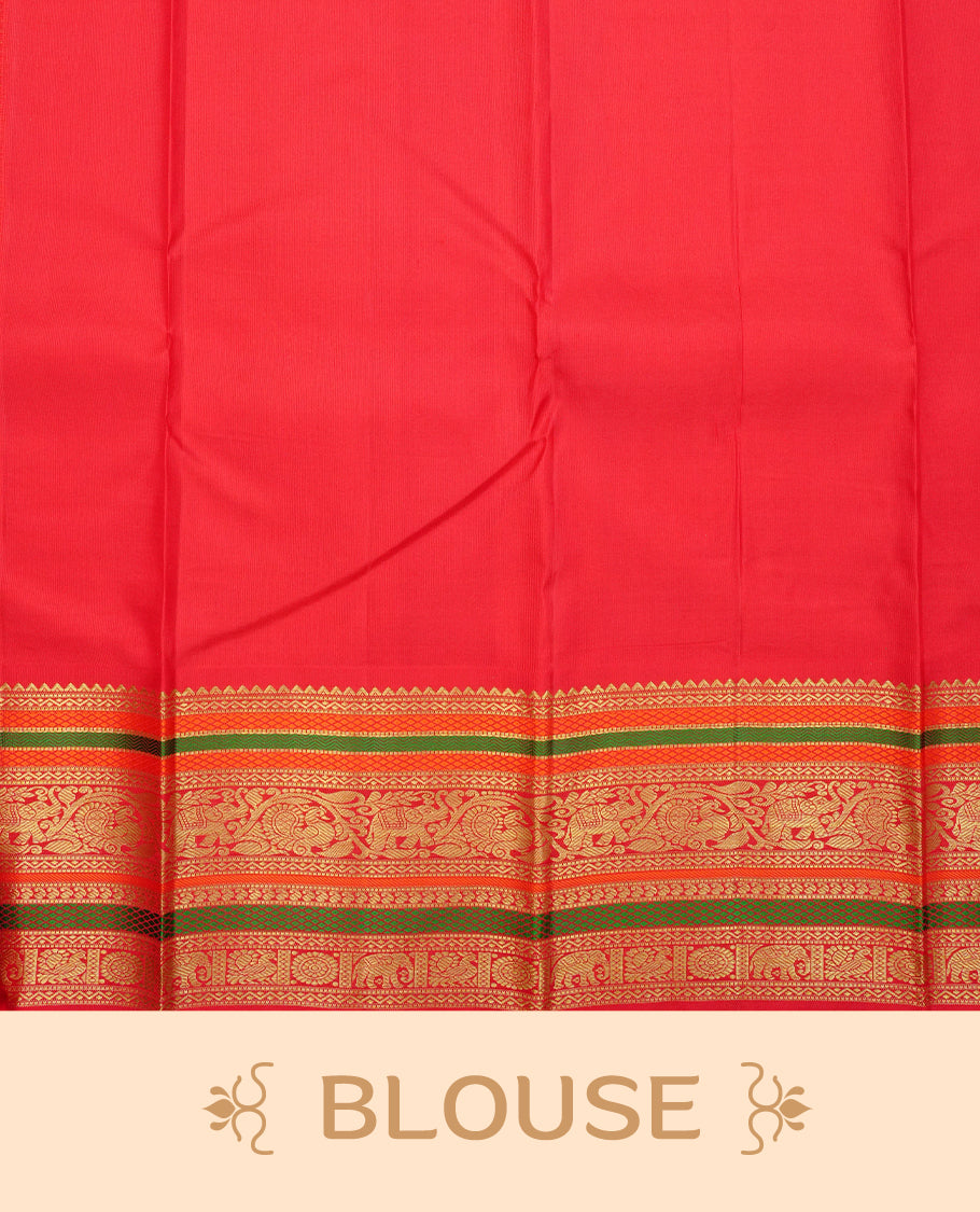 Navy blue colour traditional kancheepuram silk saree featuring Gold zari buttas, contrast multi colour with traditional border, comes with matching blouse piece.