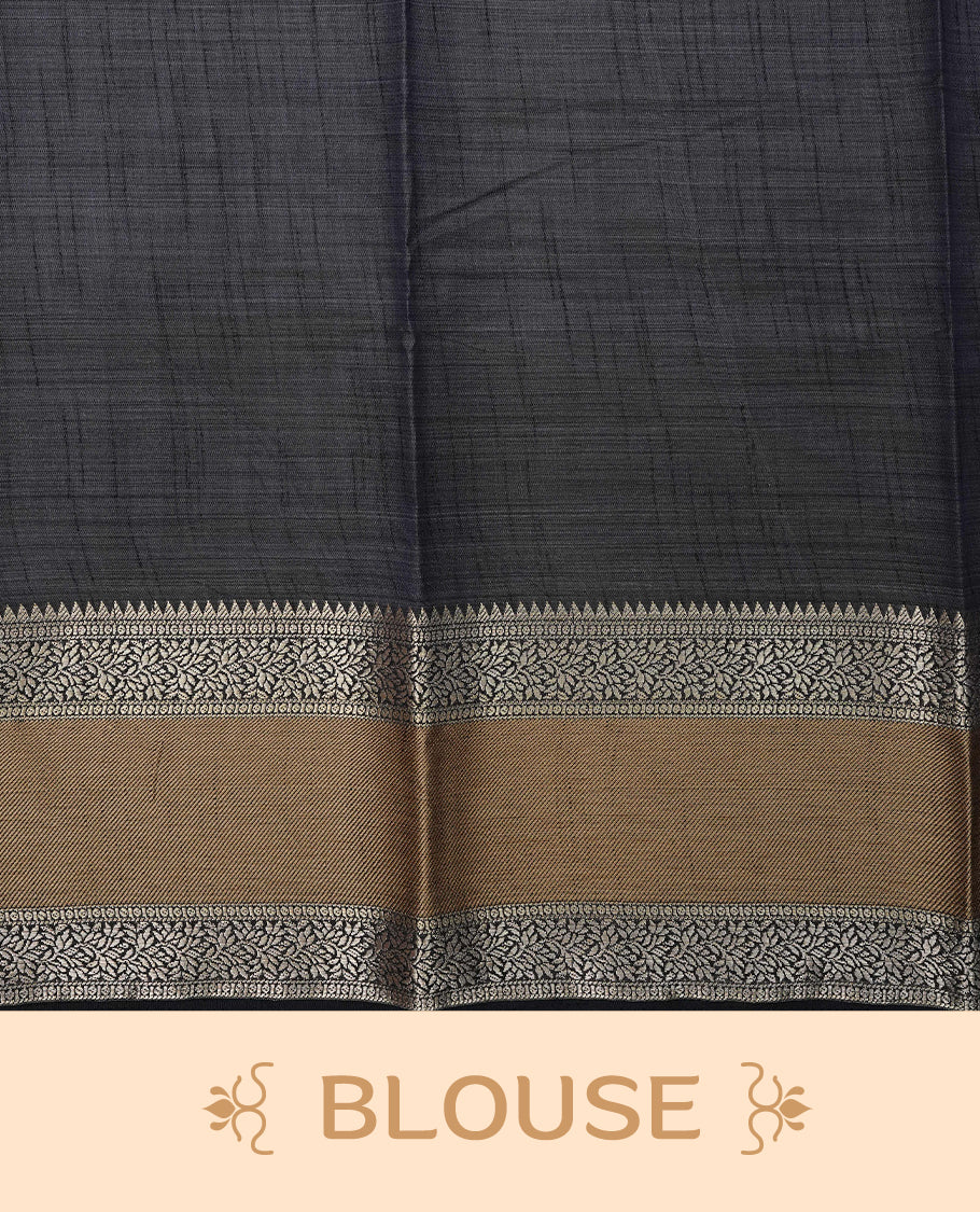 Mauve colour Tussar saree featuring Gold zari buttas on body, complemented by contrast Black & olive Colour with Gold zari border, comes with matching blouse piece.