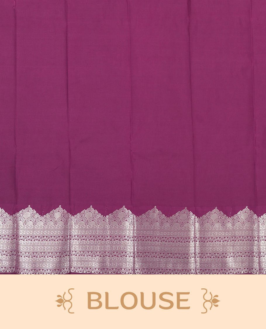 Tomato Red Colour Semi Silk Saree with Silver Striped Body, Self Coloured Silver Zari Pallu & Border, Ornate Scallop Motifs, and Matching Blouse Piece