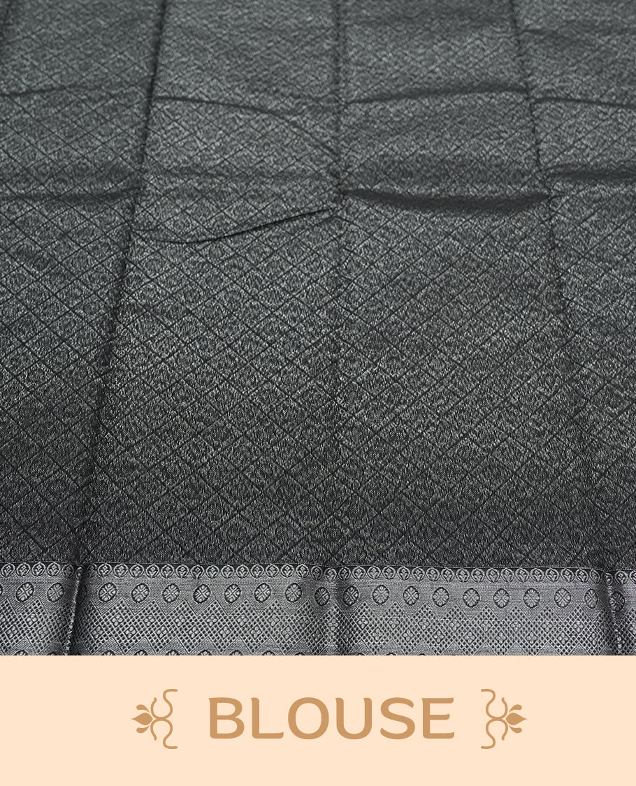 Black Cotton Saree with Silver Zari Textured Circular/Medallion Butta Body, Featuring Elaborate Zari-Woven Pallu with Multi-Layered Ornamental Border Patterns and Fine Geometric Details, Paired with Matching Gray Woven Textured Plain Blouse Piece