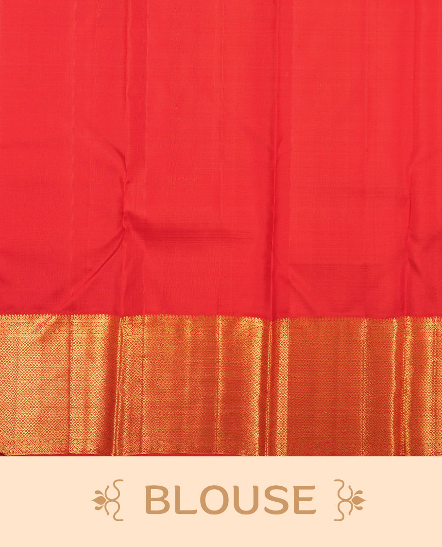 Deep red colour Kanchipuram Samudrika Silk Saree featuring Floral in square pattern weaving with gold zari jacquard and a traditional Kanchipuram zari border, paired with a matching designer jacquard blouse piece