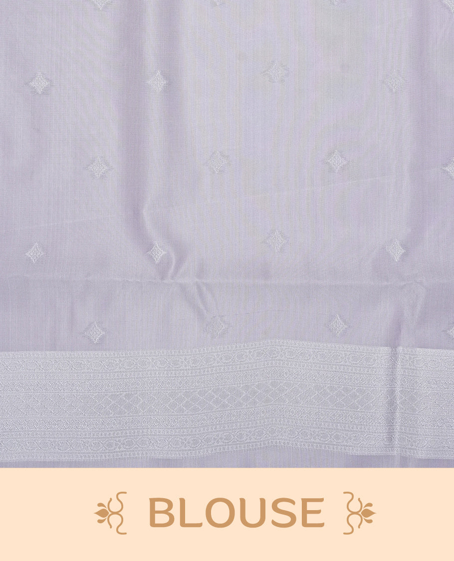 Pink colour semi silk saree featuring Silver zari Design pattern on body, complemented by contrast Lavender colour with silver zari border, comes with matching blouse piece.