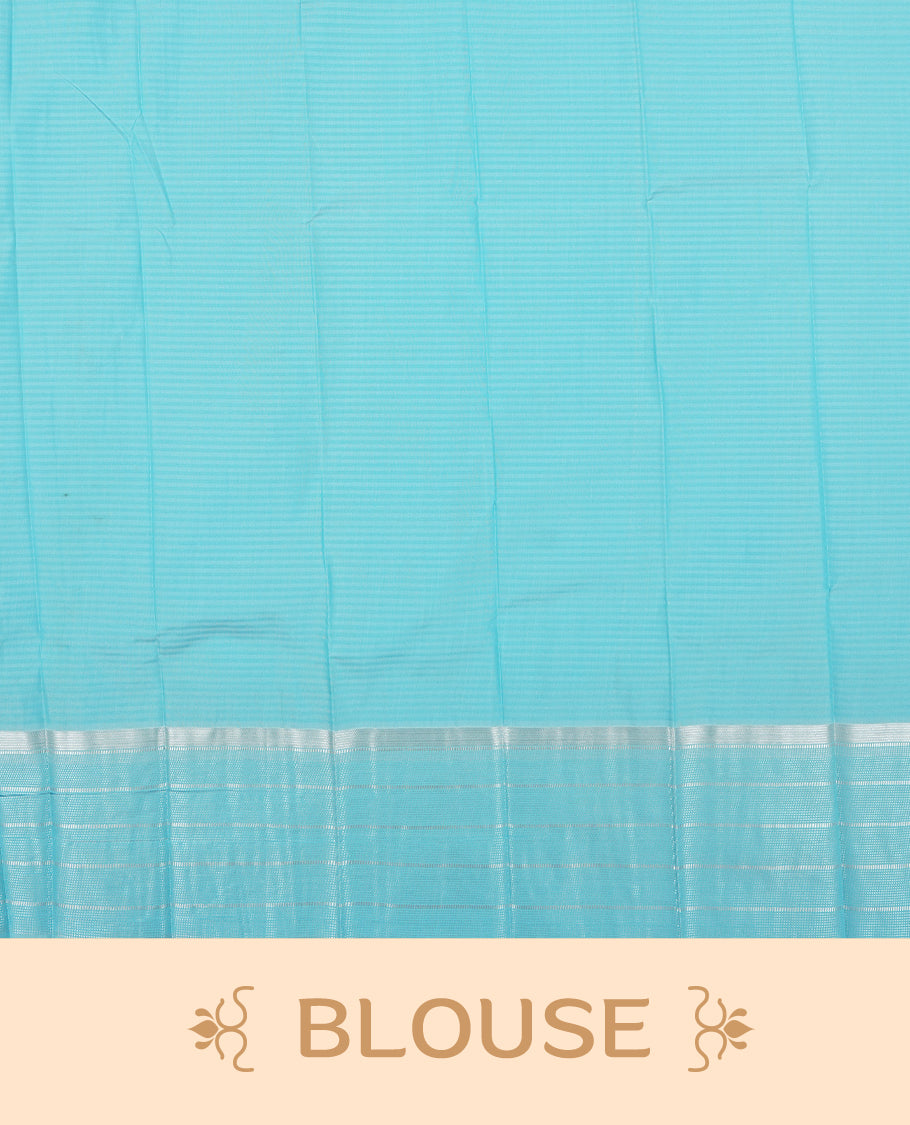 Bright light blue colour Semi Silk Saree with silver zari checks on the body, complemented by a self coloured pallu and border woven in silver zari, paired with a matching blouse piece.