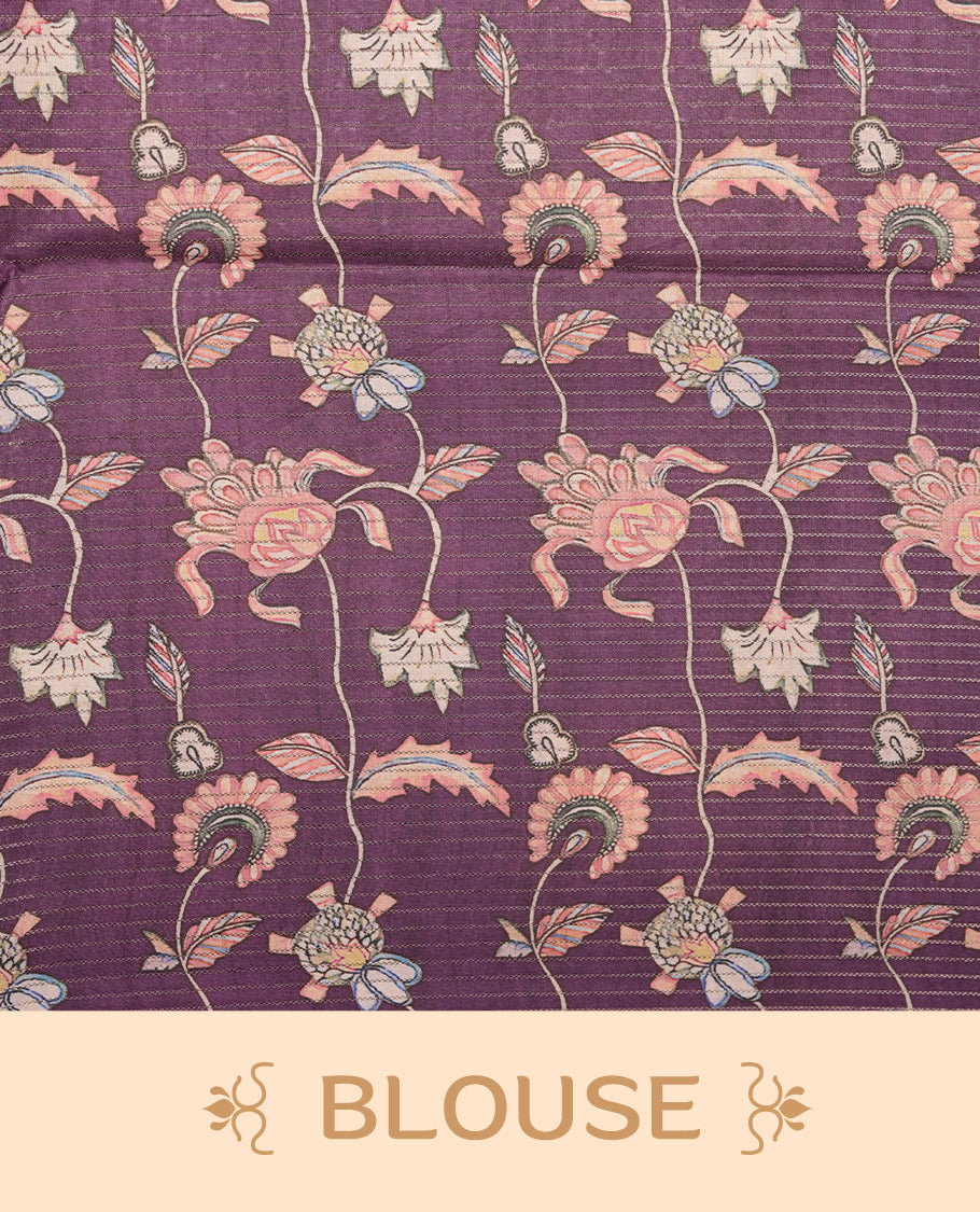 Purple colour semi-tussar silk saree featuring intricate peacock motifs on the pallu, subtle zari check pattern across the body, floral vine prints throughout, finished with tassels and paired with a matching printed blouse piece.
