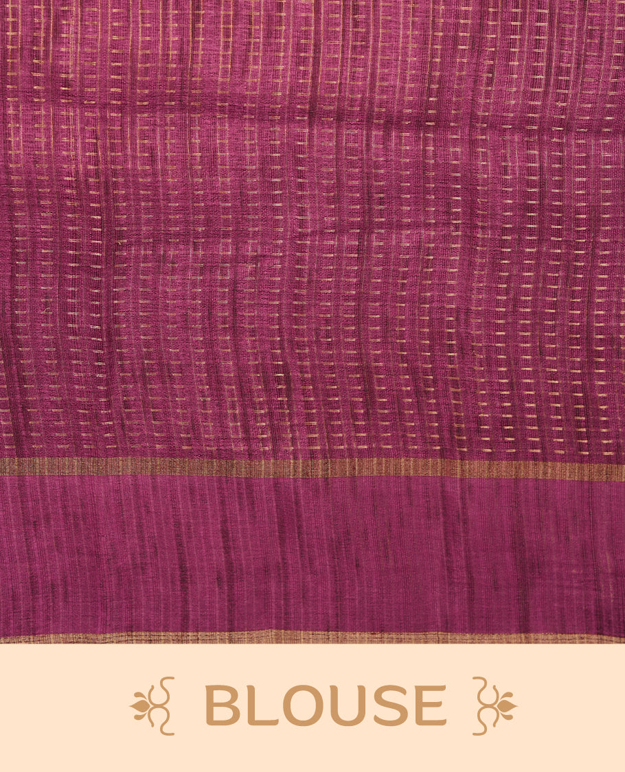 Mauve taupe colour semi tussar silk saree highlighting gold zari dotted stripes, self colour border and contrast dark mauve taupe pallu and comes with matching blouse piece.