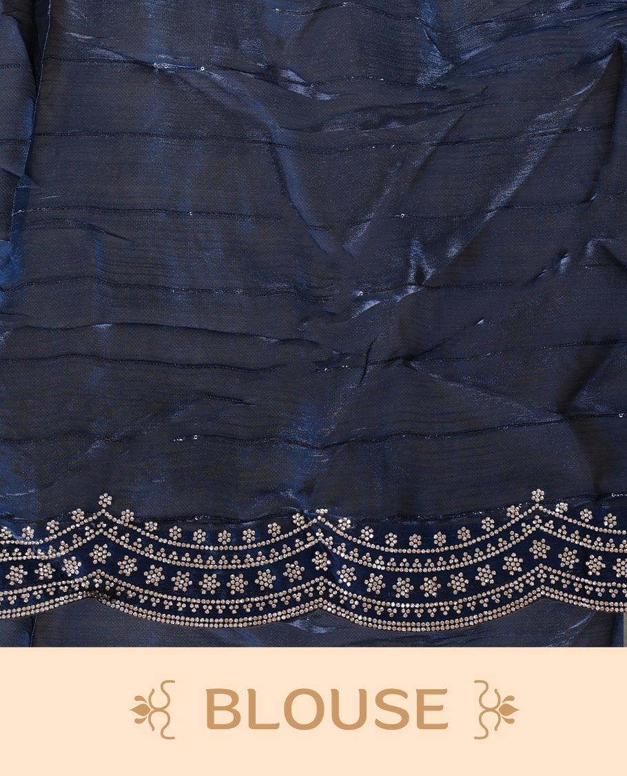 Dark blue colour chiffon designer saree, featuring self colour beats stripes on body, heavy gold stone patttern on border and  pallu, Paired with matching blouse.
