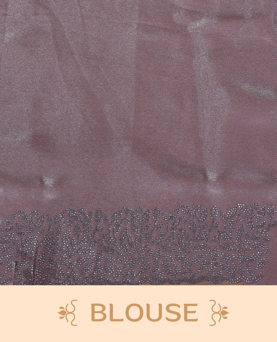 Dusty Pink colour velvet chiffon designer saree, featuring self colour thread embroidery kodi work on body, stone work and all over motifs on border and  pallu, Paired with matching blouse.