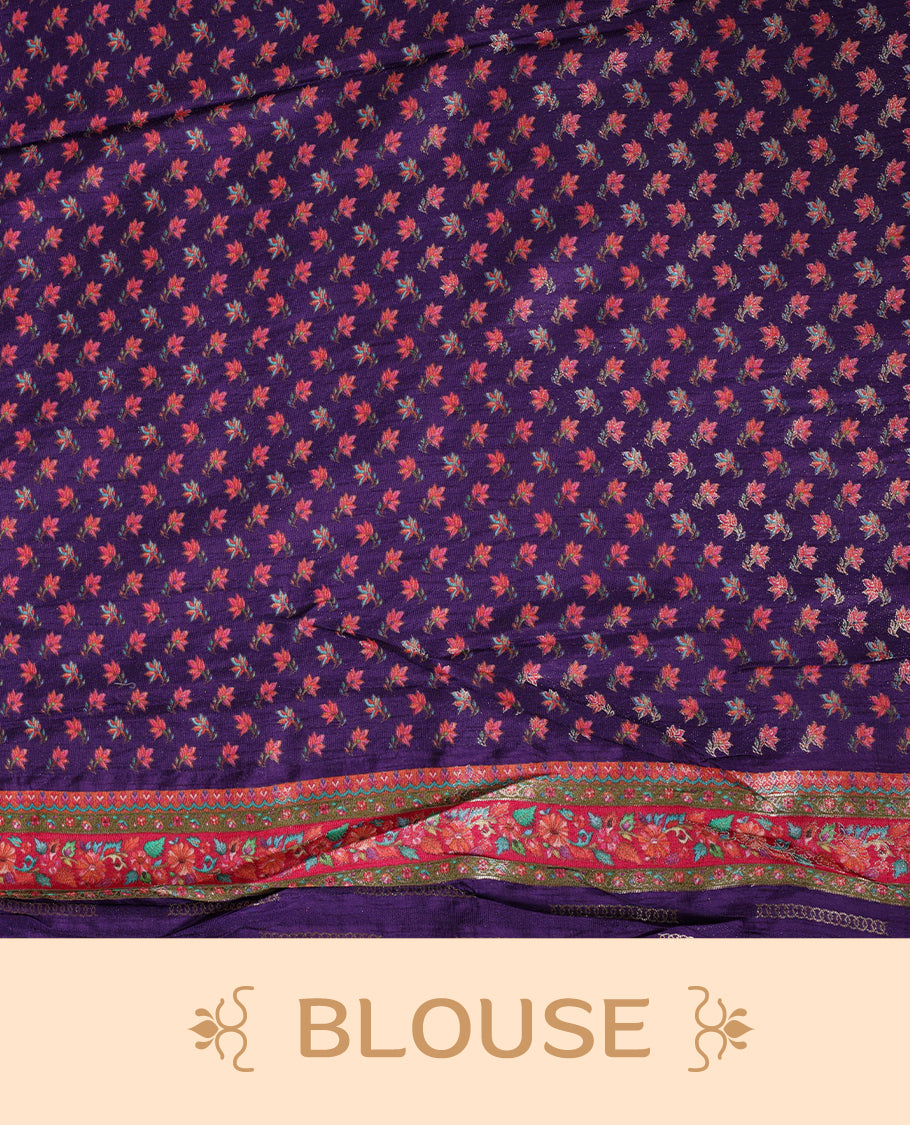 Mustard colour Pashmina silk saree richly woven with vibrant floral jaal across the body, framed by contrast pink and teal panelled zari borders and a grand patterned pallu, paired with a deep purple woven motif blouse piece.