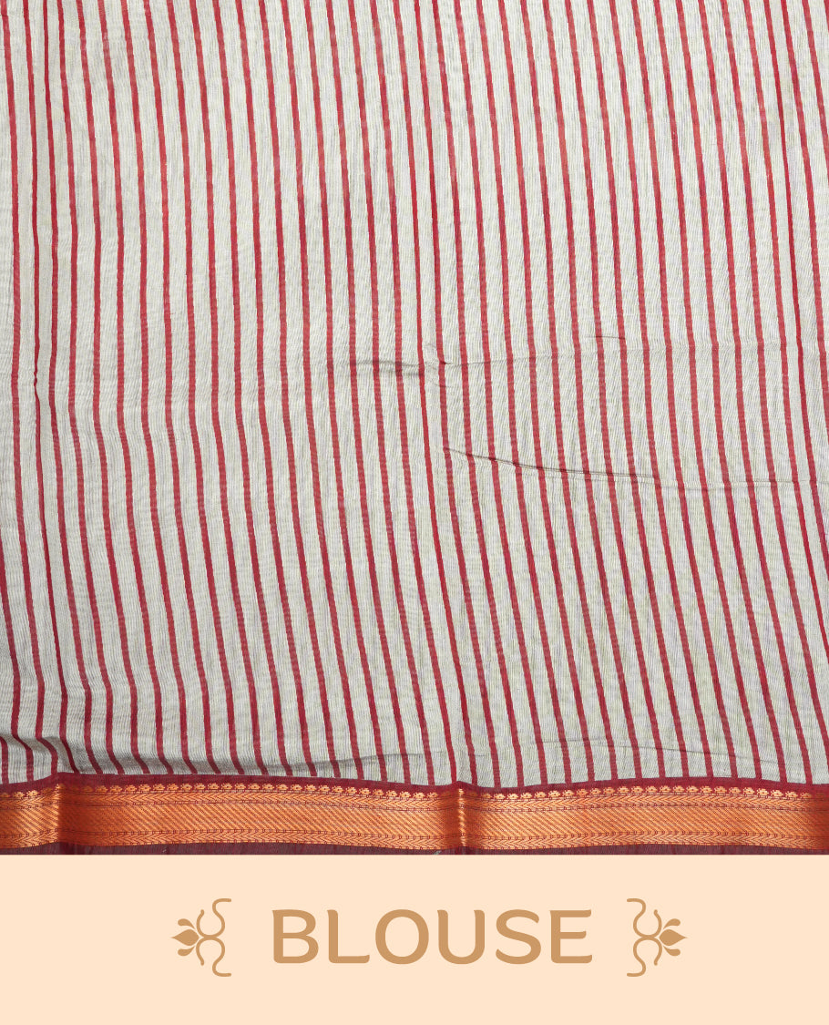 Coral red and off-white colour mixed chanderi cotton saree with striped body, coral pallu, copper zari geometric triangle border, matching coral blouse.