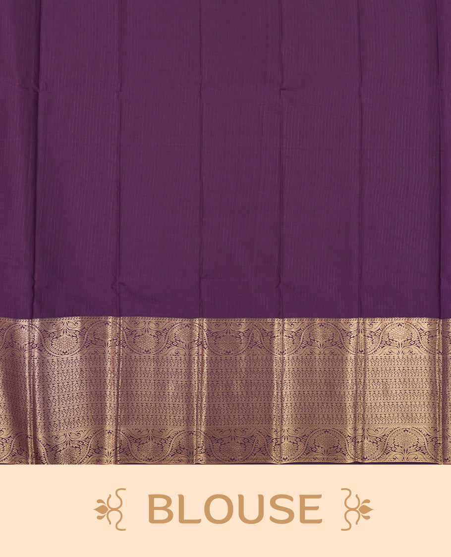 Marigold colour Semi Silk Saree with gold zari striped patterns on the body with self coloured border, paired with a contrasting dark purple colour traditional pallu, and a matching blouse piece.
