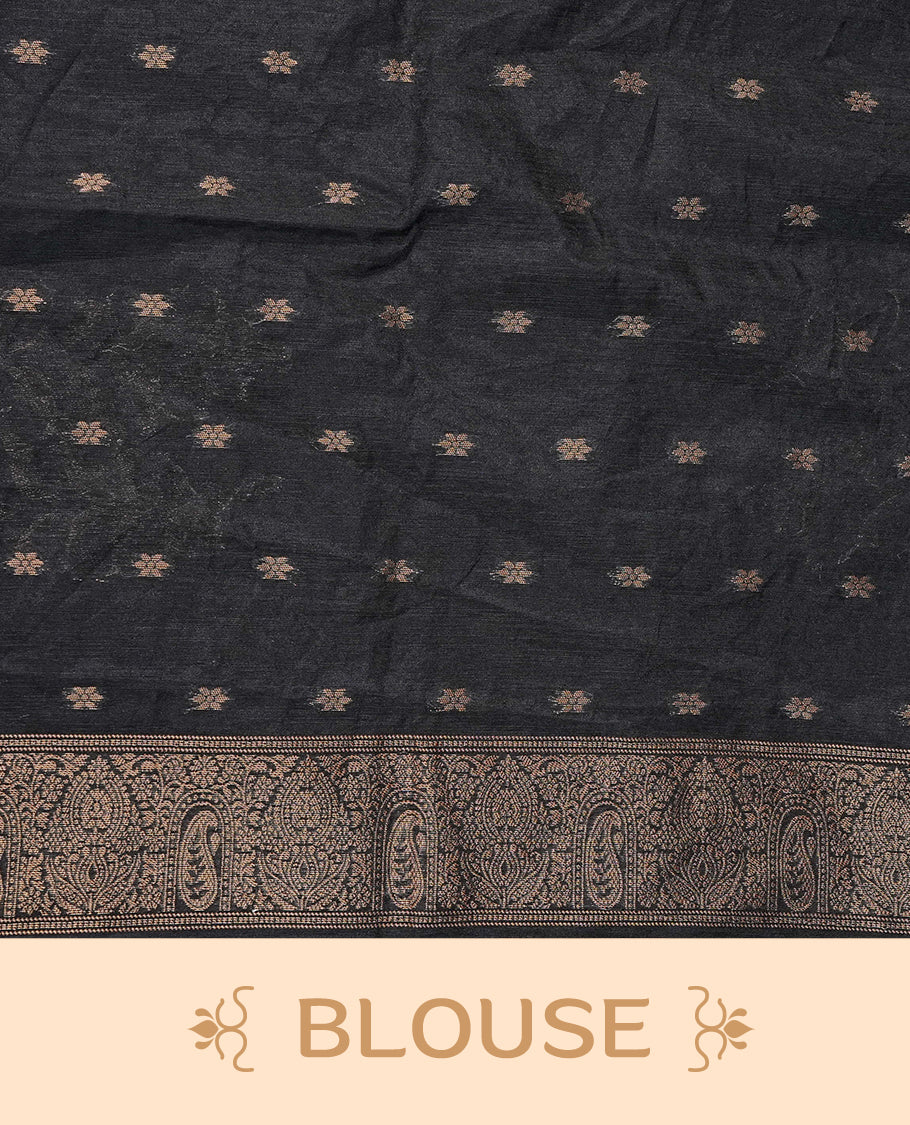 Black colour semi linen saree with elegant gold zari leaf motifs across the body, complemented by a contrast pallu and a borderless design, paired with a matching blouse piece.