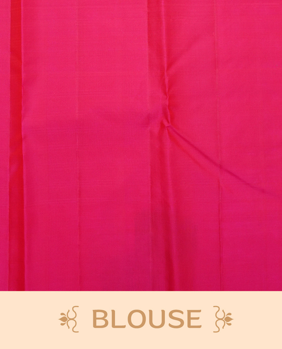 Yellow colour Traditional kancheepuram silk saree featuring Pink zari check on body, complemented by self colour with Gold & Blue zaro floral motifs on border, comes with matching blouse piece.