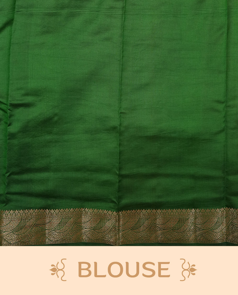 Mustard Colour Pure Banaras soft Silk Saree having gold floral motifs on Body with contrast green colour gold zari Border and matching Blouse