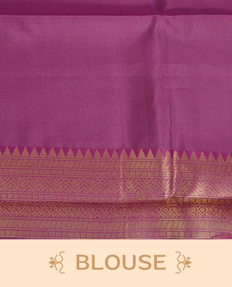 Cream Colour Semi Soft Silk Saree Featuring Gold zari Patter On Body, Highlighted  by contrast Purple border with Gold zari, paired with matching blouse piece.