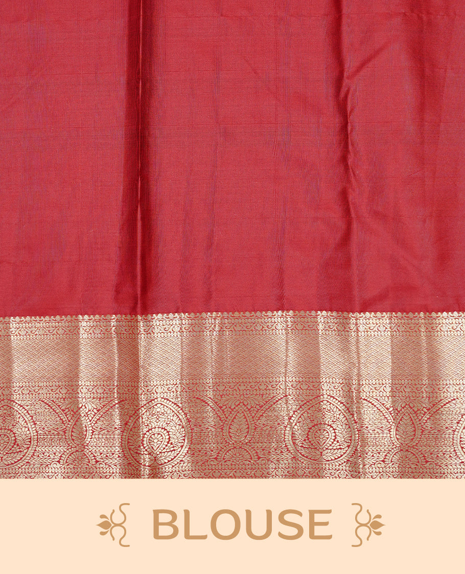 Maroon colour Semi wedding silk saree featuring Green colour floral kodi on body, complemented by contrast Self colour with gold zari border, paired with matching blouse piece.
