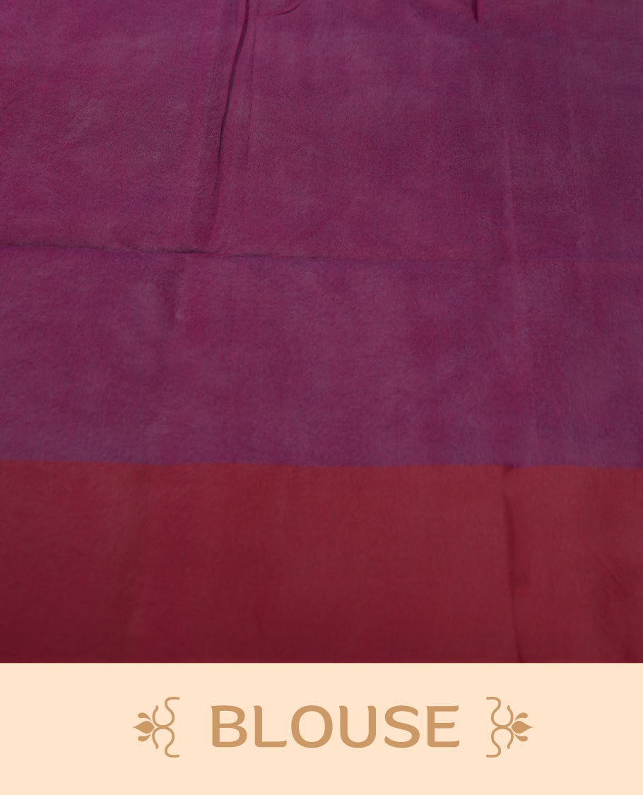 Purple colour soft silk cotton saree adorned with copper zari motifs and a shimmering copper zari border, Enhanced by a beautifully rich wine colour woven pallu & Comes with a matching blouse piece for a complete look.