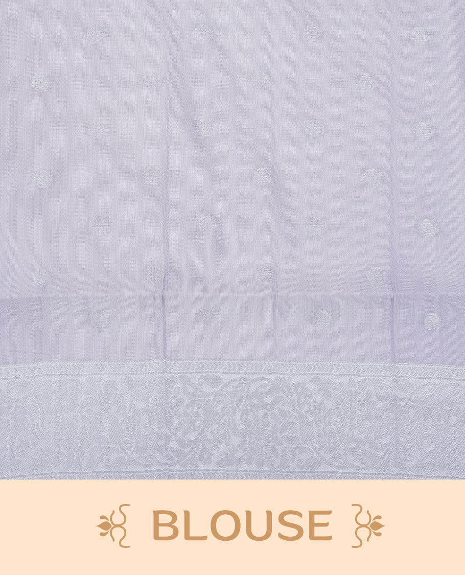 Pink colour semi silk saree featuring Silver zari Small check pattern & motifs on body, complemented by contrast lavender colour with silver zari border, comes with matching blouse piece.