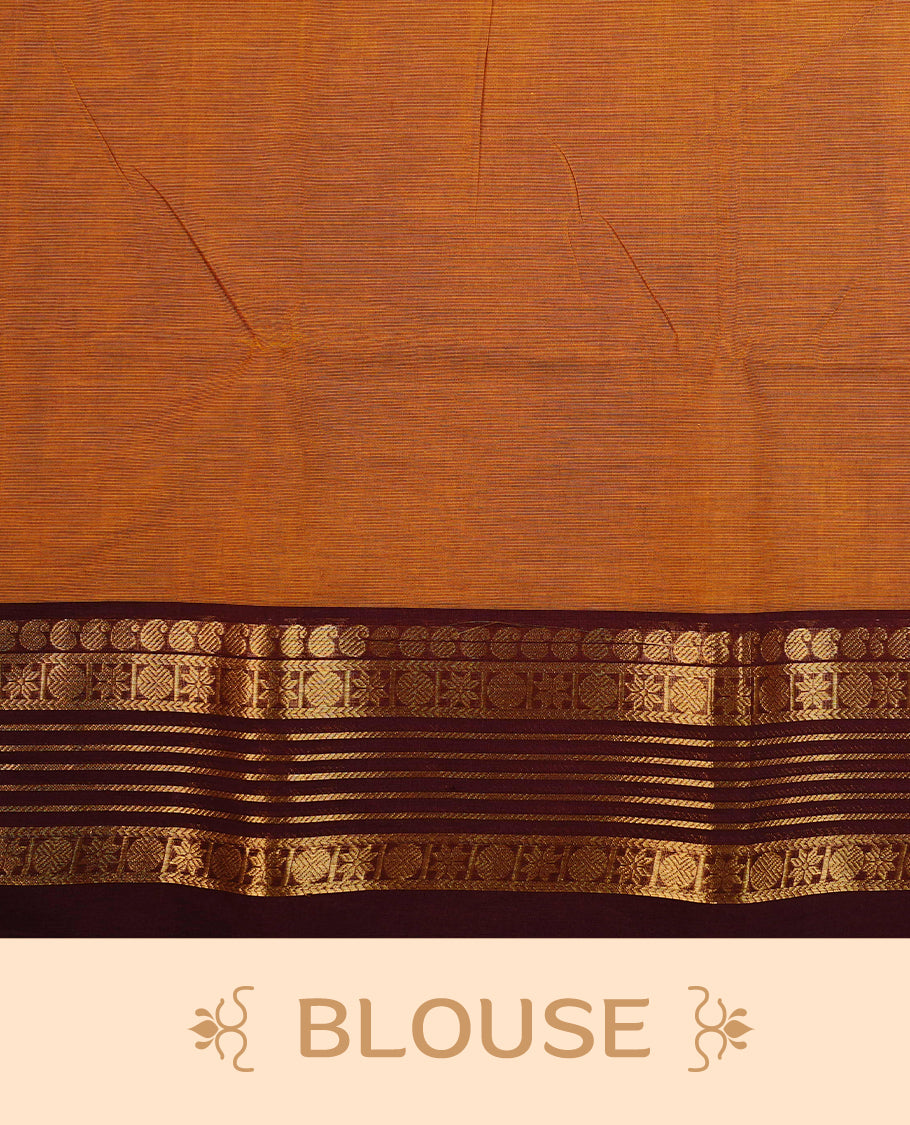 Mustard colour chettinad cotton saree featuring Elegant plain body, complemented by contrast Dark chocolate  colour with Gold zari border, paired with matching blouse piece.