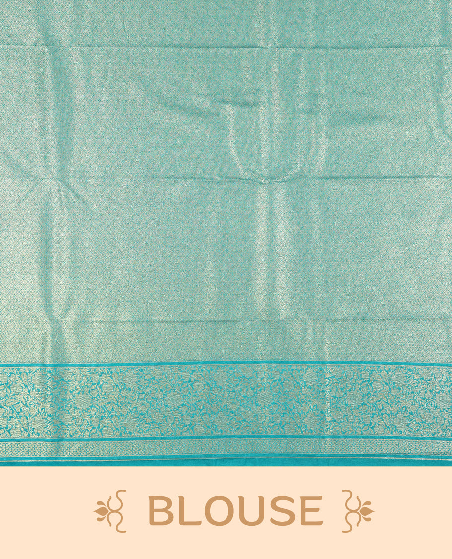 Aqua blue colour semi silk brocade saree featuring intricate Gold Floral kodi patterns across the body, complemented by a rich self colour woven border and pallu, paired with a matching blouse.