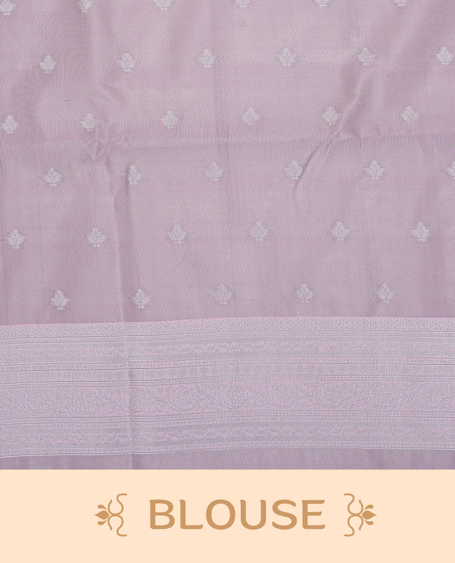 Purple colour semi silk saree featuring Silver zari Floral pattern on body, complemented by contrast Pink colour with silver zari border, comes with matching blouse piece.