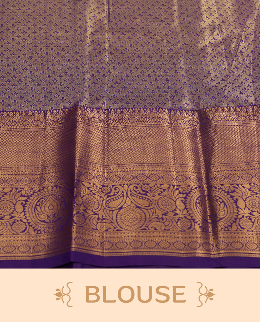Pastel green and Antique silver Zari Tissue Brocade Saree features intricate coloured floral Motifs on body and a navy blue colour with traditional border & pallu, paired with matching blouse