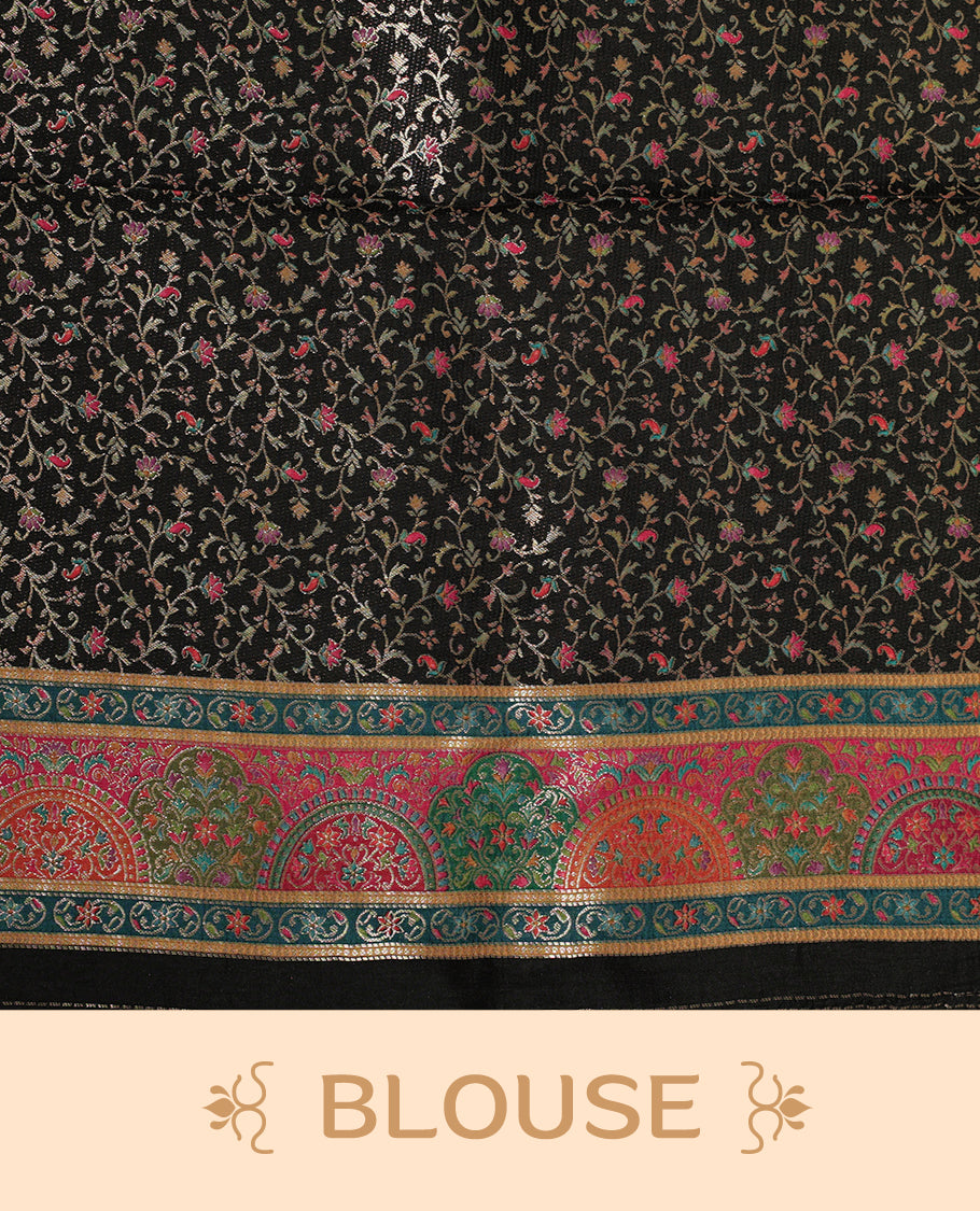 Antique bronze colour Pashmina silk saree featuring a sleek plain body, highlighted with an opulent multicolour paisley and floral panelled border and grand pallu, paired with a contrasting black woven jaal blouse piece.