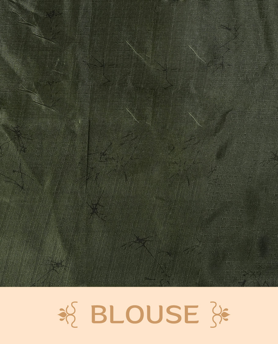 Olive green colour saree with striking off white floral patterns, merging modern minimalism with timeless charm & paired with a matching blouse.