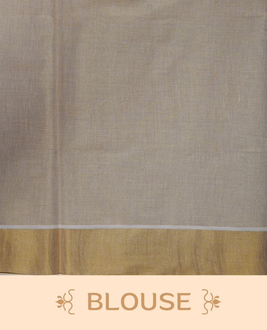 Off-white colour tissue Kerala saree with a rich gold kasavu border, adorned with delicate royal blue floral motifs across the body and pallu, paired with a matching blouse.