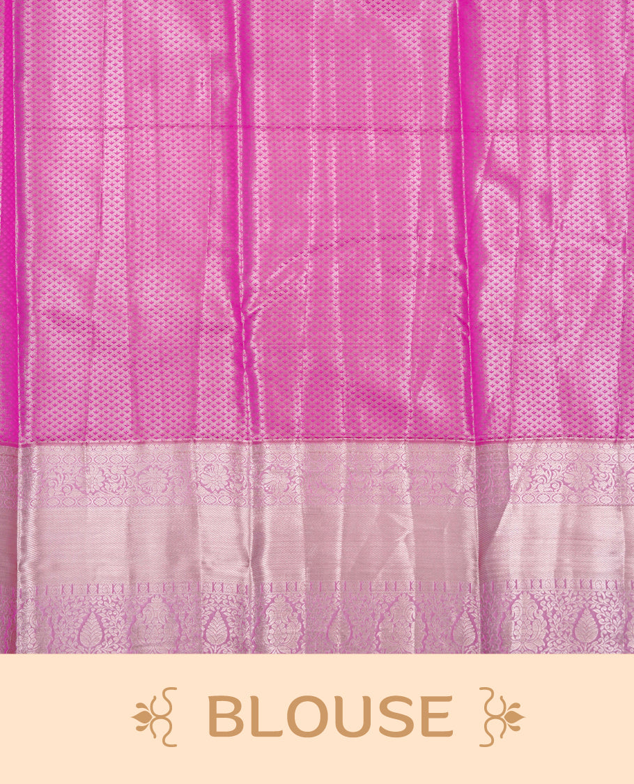 Pink colour Semi Tissue Silk saree featuring Light gold Kodi pattern on body, complemented by Sel colour with gold zari border, paired with matching blouse piece.