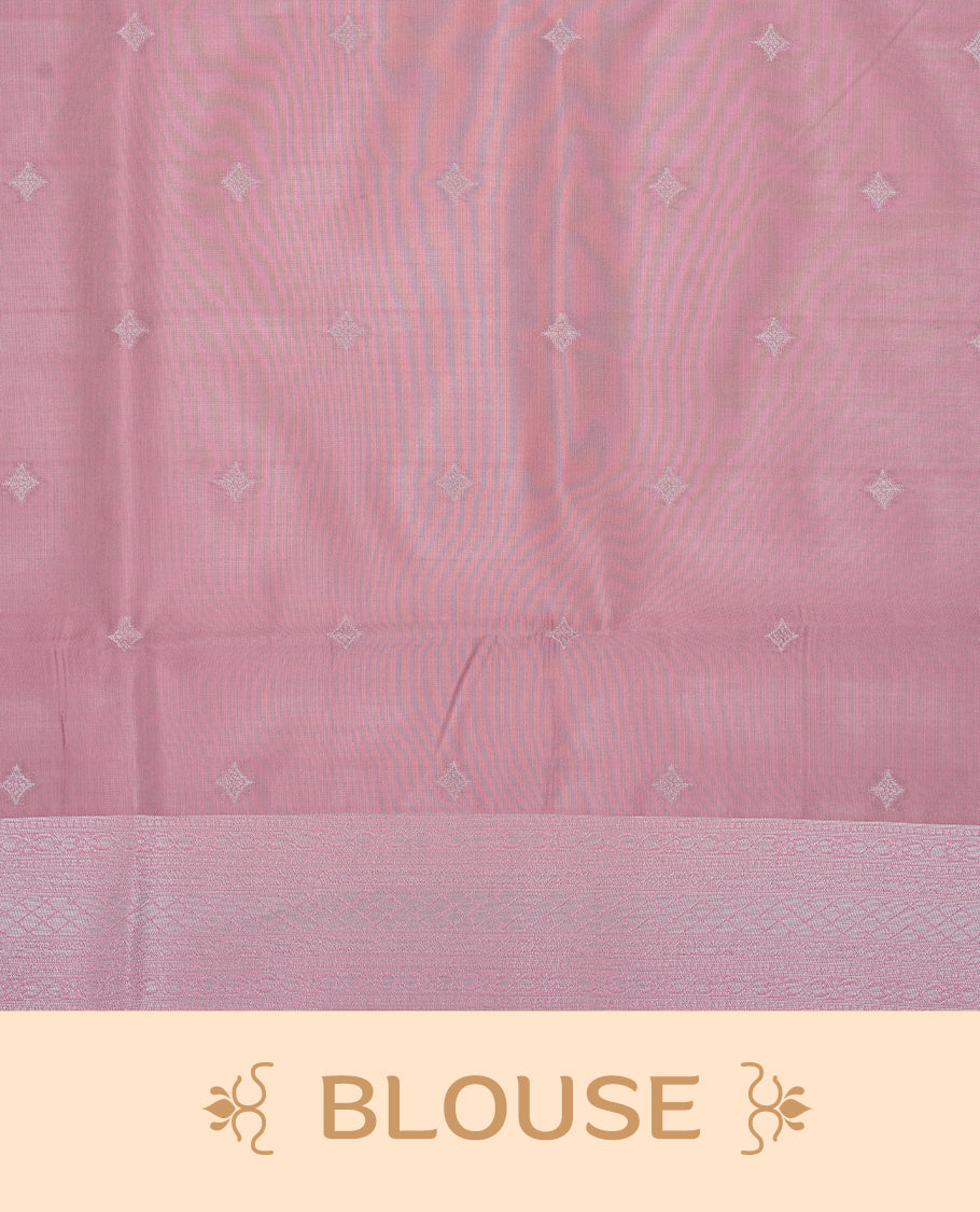 Grey colour semi silk saree featuring Silver zari Design pattern on body, complemented by contrast Pink colour with silver zari border, comes with matching blouse piece