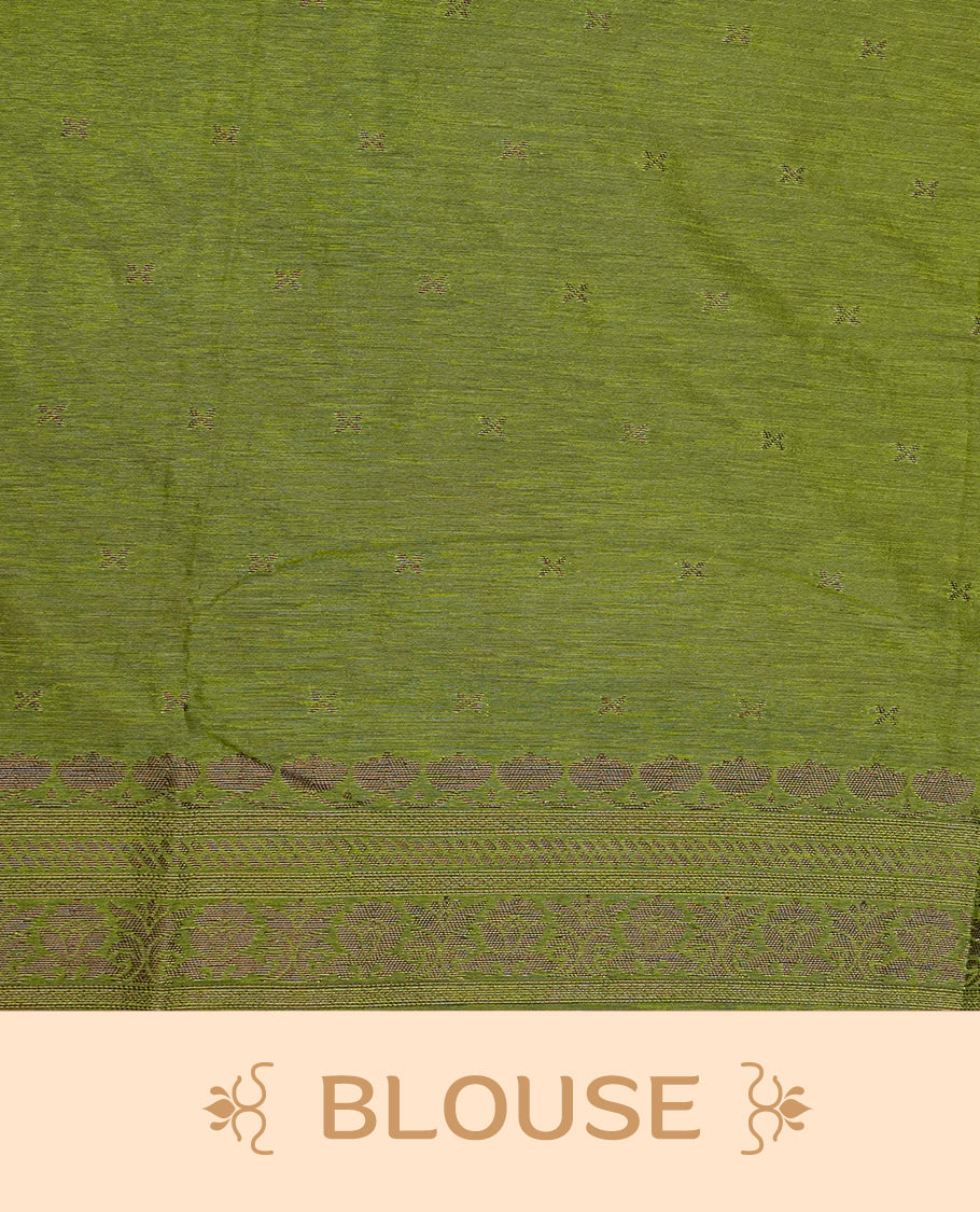 Maroon colour semi linen saree with elegant gold zari floral motifs across the body, complemented by a contrast green colour with grand gold zari pallu and a borderless design, paired with a matching blouse piece.