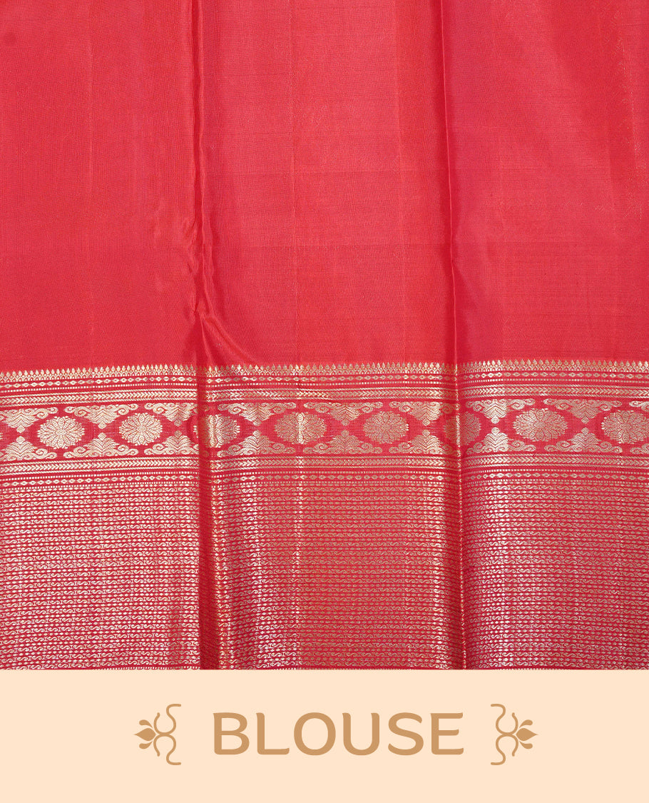 Red Colour Pure Kancheepuram Silk Saree Featuring Gold Zari Floral  Pattern on the Body, Highlighting a Traditional Gold Zari Border, Paired with a Matching Blouse Piece.