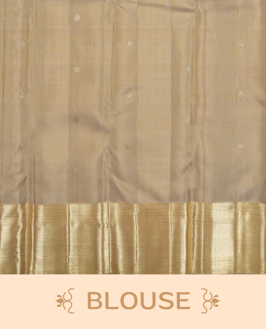 Ashy colour Kanchipuram Samudrika Silk Saree featuring antique zari pattern weaving with Antique zari jacquard and a traditional zari border, paired with a matching designer jacquard blouse piece
