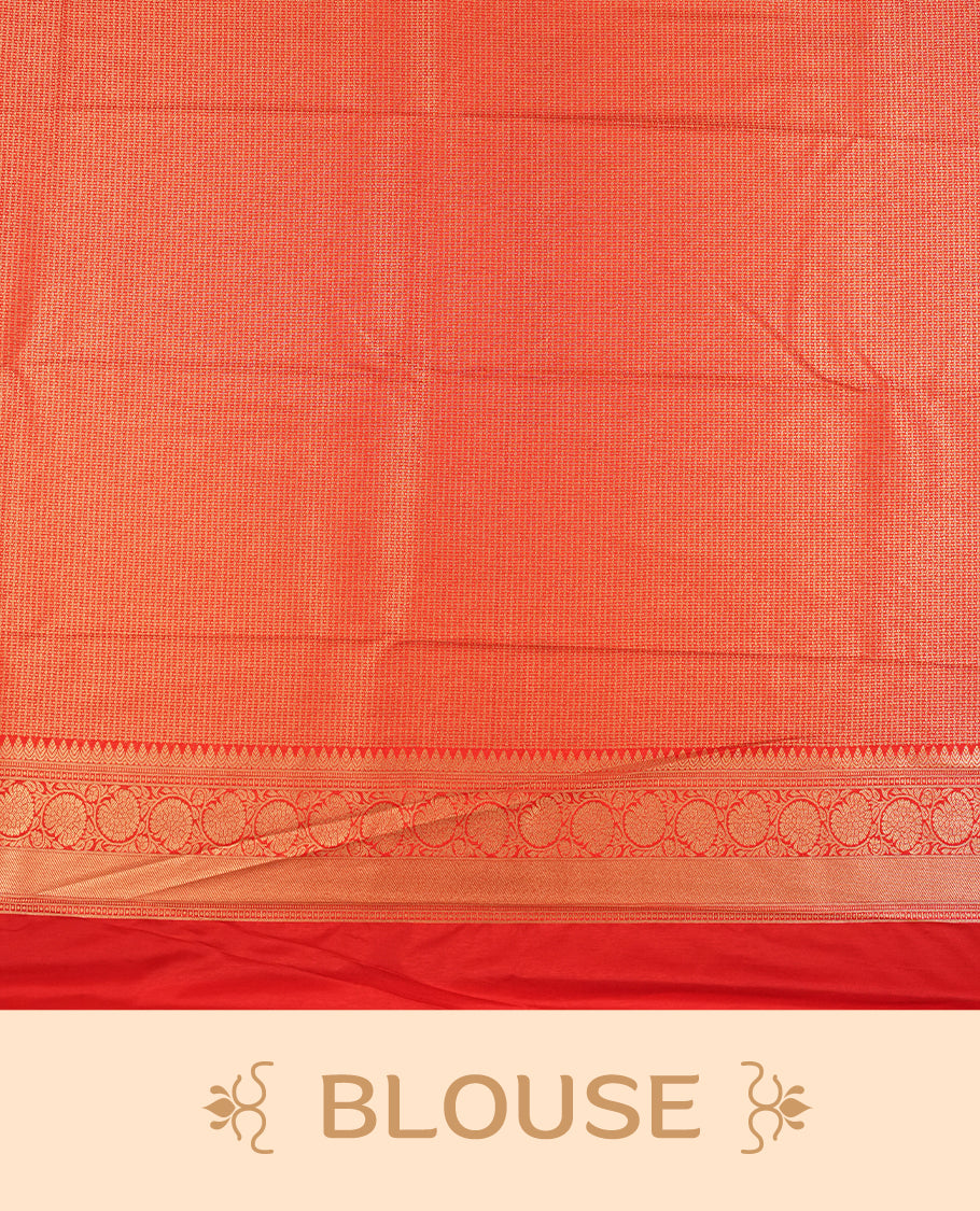 Cream colour semi silk brocade saree featuring intricate Gold floral kodi patterns across the body, complemented by a Contrast rich red colour woven border and pallu, paired with a matching blouse.