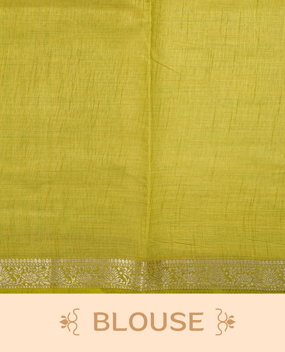 Light gold Colour Tussar saree featuring elegant plain body, complemented by contrast Olive colour with zari work border, comes with matching blouse piece.