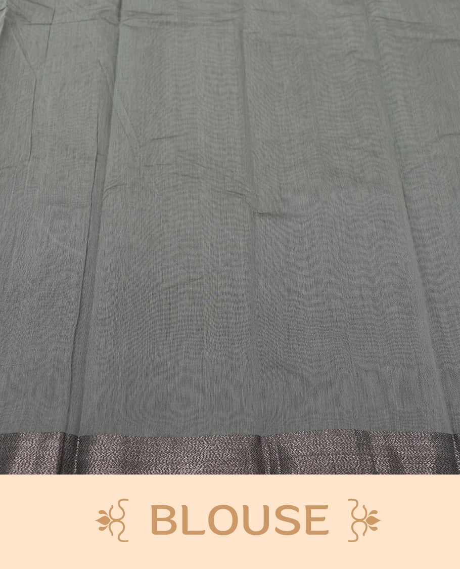 Dove Gray Colour Silk Cotton Saree with Dark Silver Leaf Butta Body, Contrasting Black Silver Zari Pallu & Border, Geometric Patterns, and Matching Plain Woven Blouse Piece