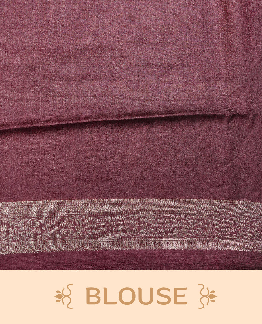 Chocolate Brown colour pure tussar silk saree featuring light gold zari floral kodi work on the body, a plain border, grand pallu,Paired With  a matching blouse piece.