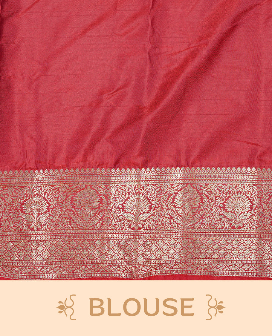 Red colour semi wedding silk saree featuring Gold zari Floral kodi pattern with Silver zari peacock motifs on body, complemented gold zari border, paired with matching blouse piece.