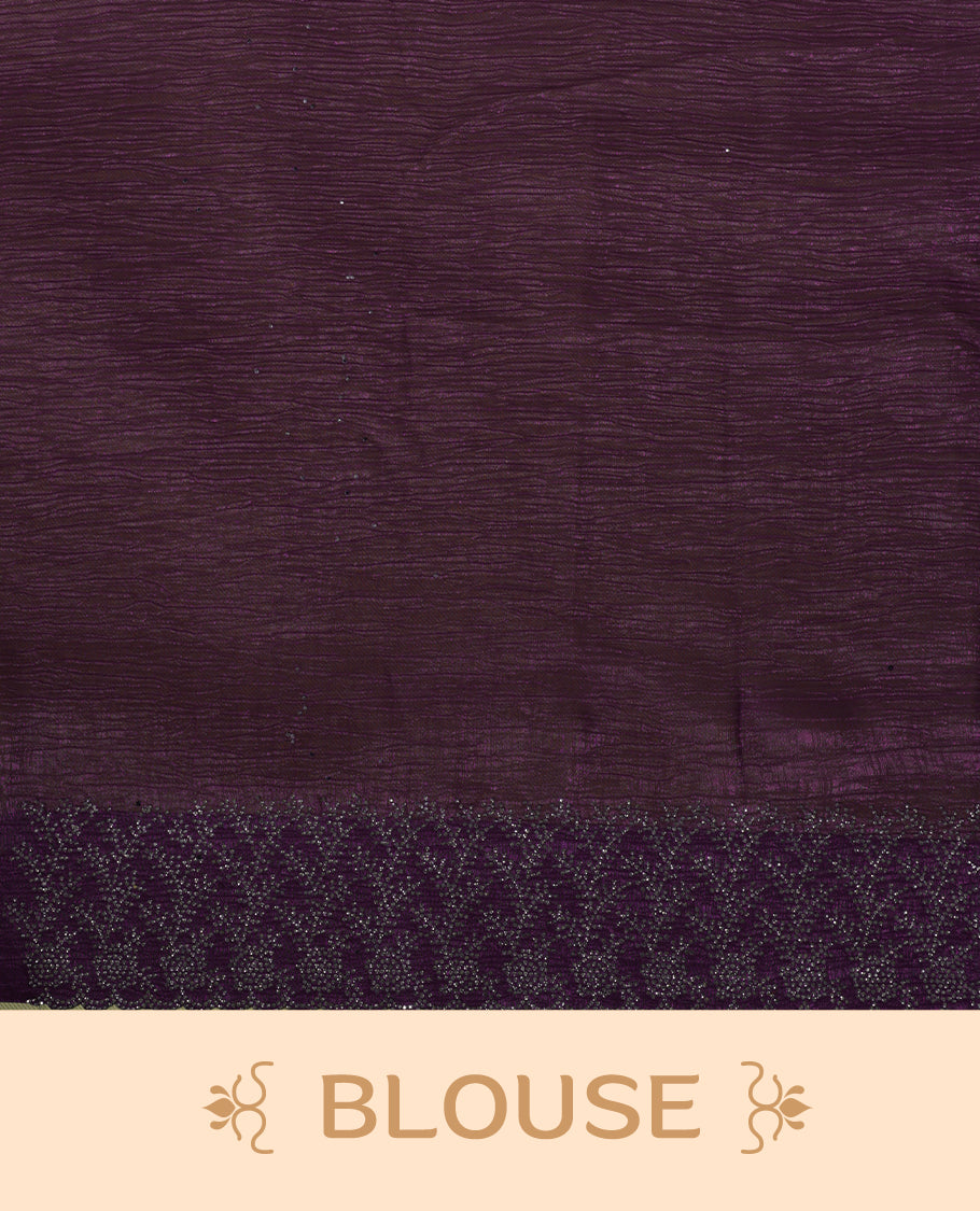 Dark purple colour chiffon designer saree, featuring white stone all over on body, heavy stone patttern on border and  pallu, Paired with matching blouse.