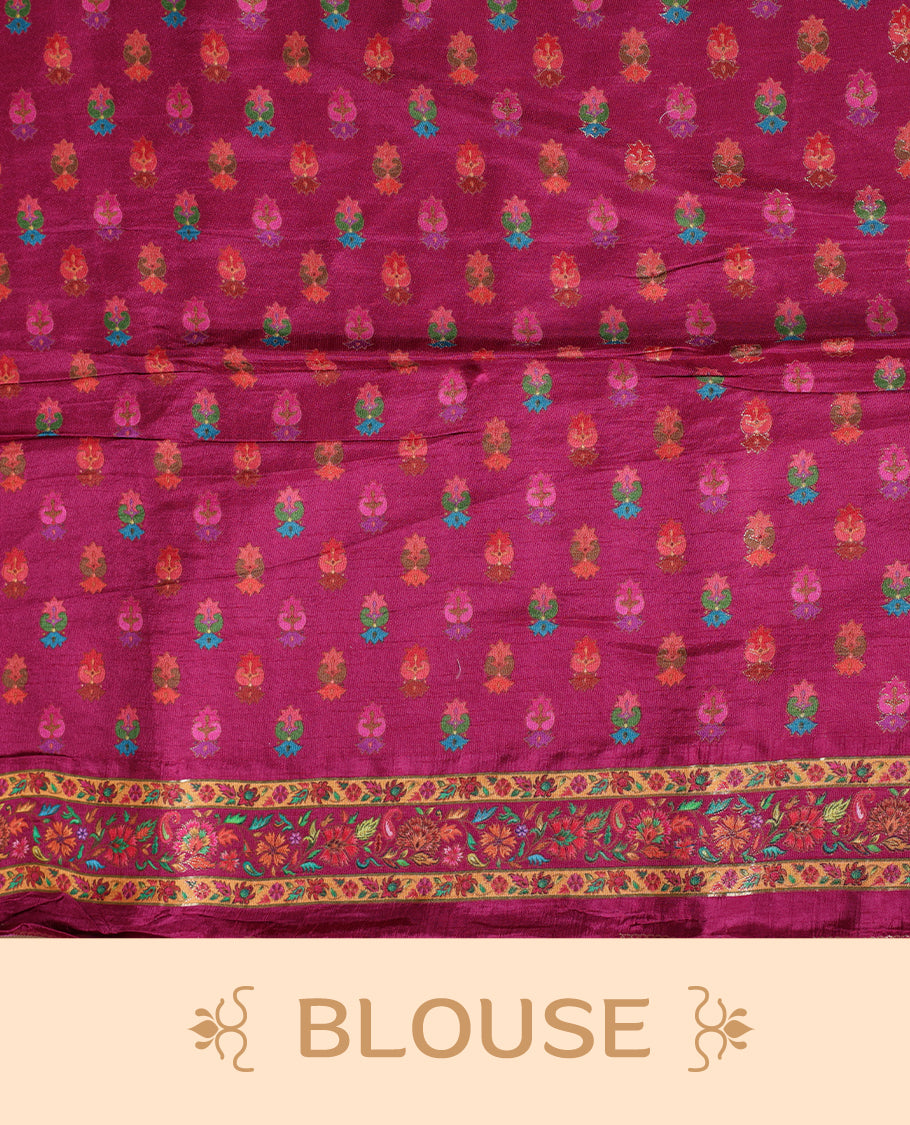 Ivory colour Pashmina silk saree intricately woven with multicolour birds and floral vines on the body, framed by a vibrant pink zari border and grand storytelling pallu with royal procession motifs, paired with a matching woven border blouse piece.
