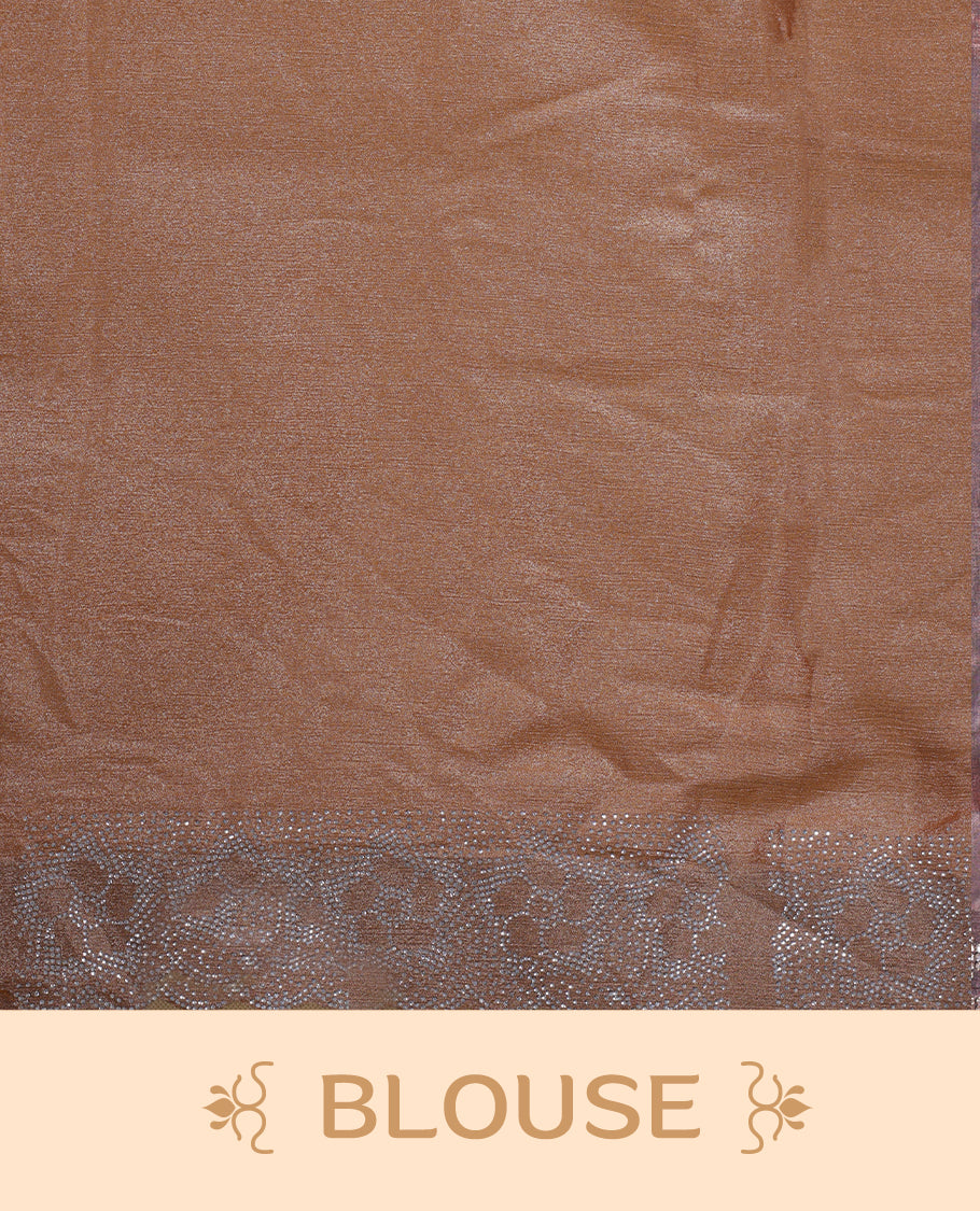 Peach colour shimmer designer saree, featuring a stone motifs on body, with  heavy stone patttern on border and  pallu, Paired with matching blouse.