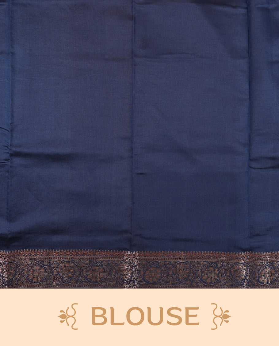 Cream Beige Colour Banaras Soft Silk Saree with Gold Zari Oval Mandala Buttas, Intricate Multi-Layered Decorative Pallu Border, Grand Pallu with Ornate Circular and Foliate Motifs in Navy Blue and Gold Tones, and Matching Navy Blue Blouse