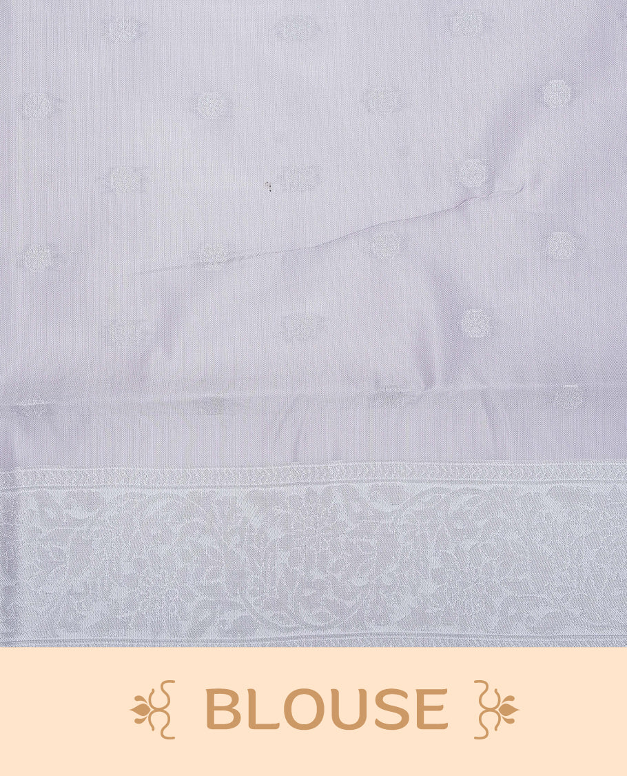 Light blue colour semi silk saree featuring Silver zari Small check pattern & motifs on body, complemented by contrast Lavender colour with silver zari border, comes with matching blouse piece.