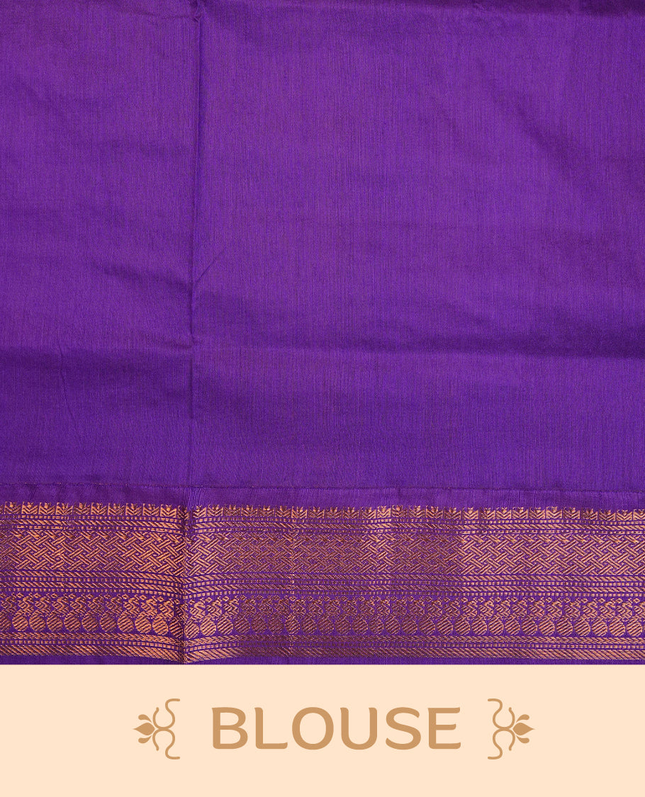 Lavender colour Kalyani cotton saree featuring Gold zari check pattern on body, complemented by Contrast Violet colour with grand gold zari border & pallu, matching blouse piece