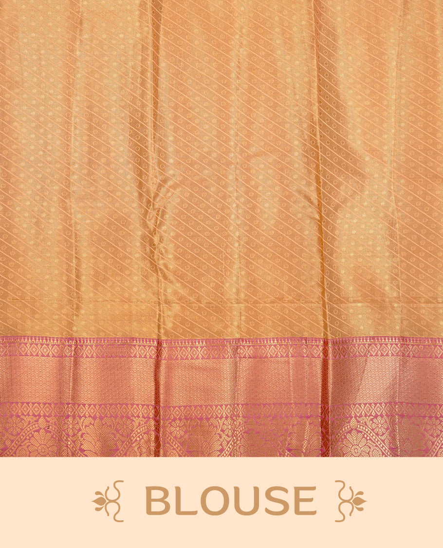 Gold colour Semi tissue silk saree featuring silver zari kodi floral motifs on body, Contrast Mauve colour with traditional border, paired with matching blouse piece.