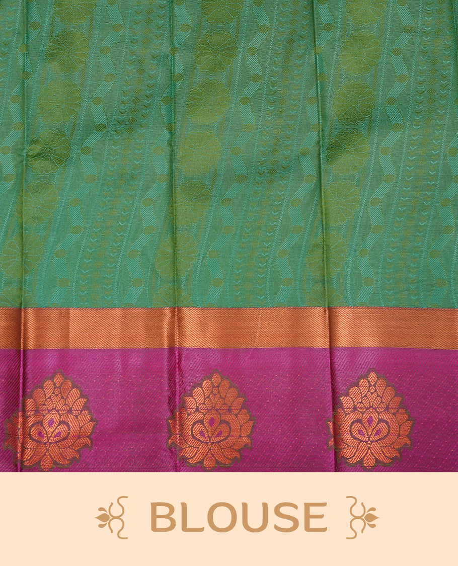 Green colour Semi silk saree Featuring Selfcolour zari Pattern on body, complemented by Contrast magenta colour with gold zari border, paired with matching blouse piece.