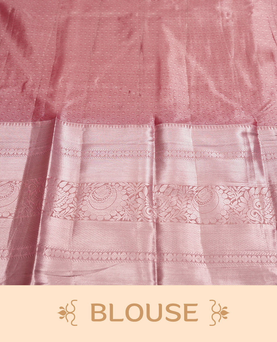 Soft red colour and Antique silver Zari Tissue Brocade Saree features intricate floral Motifs on body and traditional border & pallu with floral patterns, paired with matching blouse