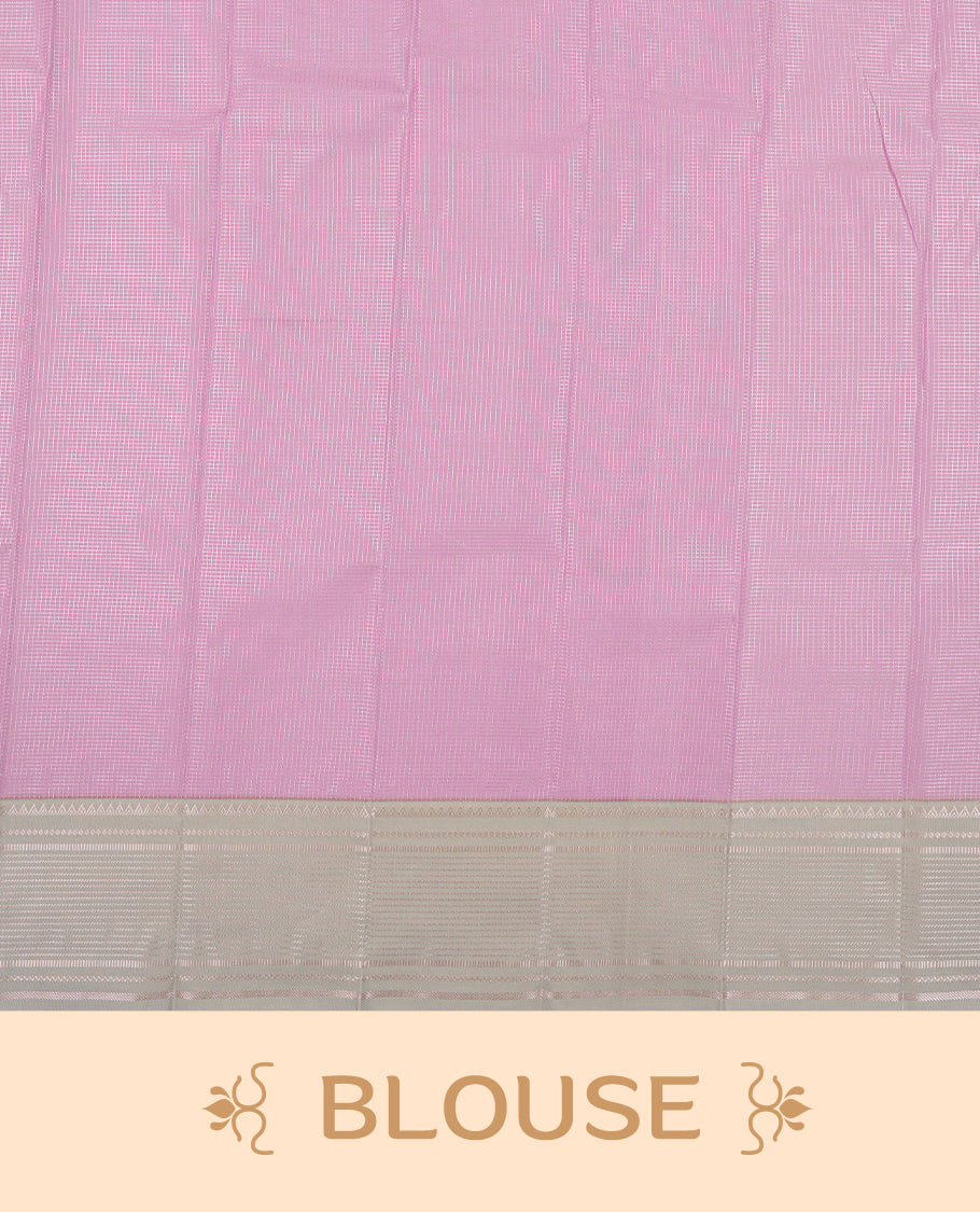 Lavender colour Semi Silk Saree with silver zari striped patterns on the body, paired with a contrasting light gray colour traditional pallu and border, and a matching blouse piece.