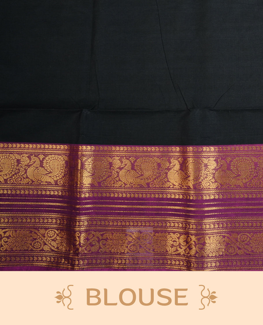 Black colour chettinad cotton saree featuring  Plain  body, complemented by Contrast Magenta Colour With  Traditional Gold Zari border, paired with matching blouse piece.