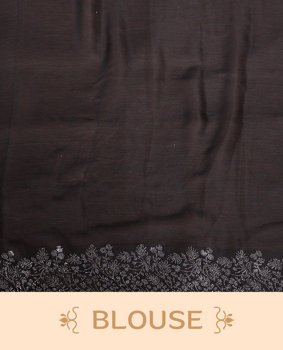 Black colour shimmer designer saree, featuring white scattered stone on body, stone work and heavy stone floral pattern on border and  pallu, Paired with matching blouse.